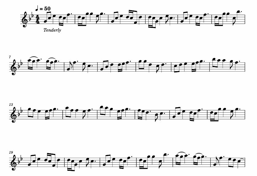 Part of the muic notation for my original composition, Elegy for One.